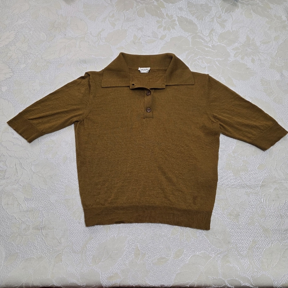 Saint Laurent $1200 Womens Cropped Polo Brown Cashmere Wool Collared SS Sz S - Picture 4 of 13